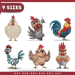 May include: Six cartoon chicken designs in different poses and colours. The chickens are in shades of brown, white, red, yellow, and blue. The text "9 SIZES" is at the top left. The bottom of the image has the text "DST, EXP, PDF, PES, VP3, JEF".