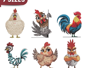Funny Rooster Cartoon Machine Embroidery Design, Angry Hen Digital Download, Farm Bird Bundle, Cute Poultry Pattern, 9 Sizes, PES DST JEF