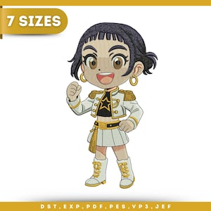 May include: An embroidered design of a cartoon character in a white and gold military-style outfit. The character has dark hair, large eyes, and is wearing a black top with a gold star. The text "7 SIZES" is in a yellow banner. The design is for embroidery.