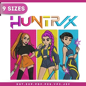 May include: An embroidery design featuring three anime-style characters with swords, set against pink, yellow, and blue backgrounds. The word "HUNTRX" is above the characters, with "9 SIZES" in a banner at the top.