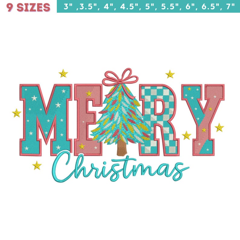K&ouml;nnte beinhalten: Festliches Design mit den Worten "MERRY Christmas" in einer verspielten Schriftart. Die Buchstaben sind t&uuml;rkis und rosa, mit Sternakzenten. Ein dekorierter Weihnachtsbaum befindet sich in der Mitte. Neun Gr&ouml;&szlig;en sind angegeben, von 7,6 bis 17,8 cm.