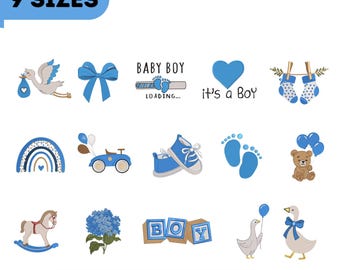 Baby Boy Machine Embroidery Design Bundle, Blue Baby Shower Set, Nursery Embroidery Designs, 9 Sizes 3"-7", pes dst jef exp vp3, Newborn
