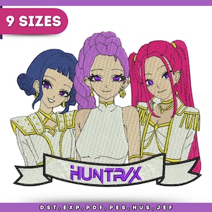 May include: An embroidered design featuring three anime-style women with different colored hair: blue, purple, and pink. They wear white outfits with gold accents. The banner below reads "HUNTRAX". The text "9 SIZES" is at the top.