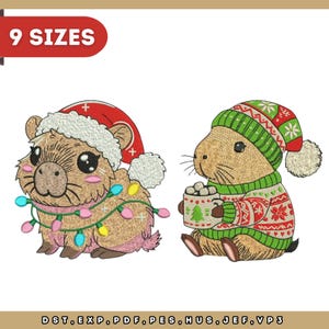 May include: Two cartoon capybaras in festive attire. One wears a Santa hat and string lights, the other a sweater and hat, holding a mug. The image includes the text "9 SIZES" and file type extensions.