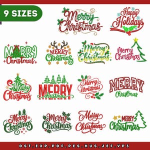 Puede incluir: Una colección de diseños de bordado con temática navideña. Los diseños presentan las frases «Merry Christmas» y «Happy Holidays» en varias fuentes y estilos, con adornos festivos como acebo, copos de nieve y árboles de Navidad. Nueve tamaños disponibles.
