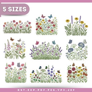 May include: A collection of nine floral embroidery designs featuring various wildflowers and butterflies. Each design showcases a different arrangement of colorful flowers, including tulips, daisies, and lavender, with butterflies fluttering above. The text "5 SIZES" is at the top.
