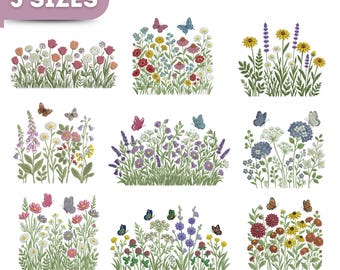 Wildflower Garden Machine Embroidery Design, Floral Meadow Embroidery Pattern, Botanical Flower Field Design, Wild Flower Butterfly Design