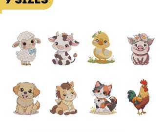 Farm Animal Embroidery Design Bundle | Cute Baby Animal Machine Embroidery Pattern | Lamb Cow Chick Pig Puppy Horse Cat Rooster Embroidery