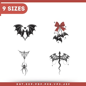 May include: A digital embroidery design set featuring four distinct black and red motifs: two bats forming a heart, bats with a red bow and stars, a spider hanging from a web, and a dragon with webbed wings. Text includes 9 SIZES, DST, EXP, PDF, PES, VP3, JEF.