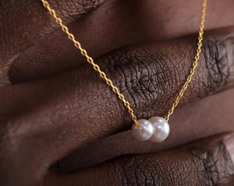 Pearl Pendant, Double Freshwater Pearl Necklace, Dainty Drop Necklace for Mom, Bride Jewelry for Wedding Gift for Her, Valentine's Day gift