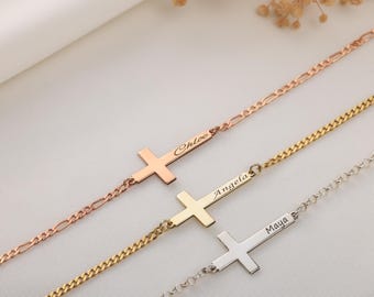 Gouden kruisarmband dames, kruisarmband roségoud, schakelarmband zilveren kruis, gegraveerde kruisarmband, stoeprand, sierlijke ketting, Figaro Cain