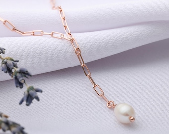 Dainty Chain Pearl Necklace for Women-Bridesmaids Freshwater Pearl Necklace-Brides Pearl Pendant-Modern Pearl Jewelry-Daily Pearl for Mom