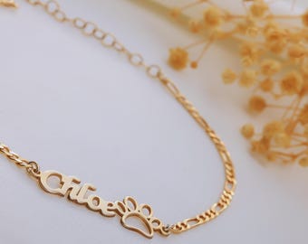 Silver Dog/Cat Paw Bracelet with Custom Name, Bracelet for Pet Lovers, Gold Name Bracelet, Personalized Paw and Name Bracelet for Women
