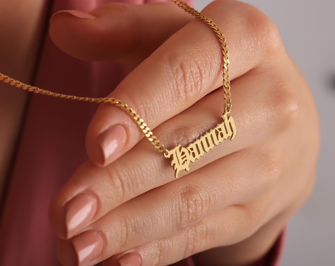 Personalized Old English Letter Name Necklace Customized Gothic Style Nameplate Necklace Old English Pendant Edgy Goth Jewelry Gift for Her