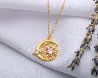 Halsband med sol och måne med dubbla födelsestenar, halsringning, litet sol- och månehalsband för par måne solhalsband set guld sol och måne