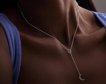 Friendship Necklace:Plunging Neckline Necklace,Tiny Sun and Moon Necklace,Crescent Moon Necklace,Sun Moon Necklace,Gold Couple Necklace Set