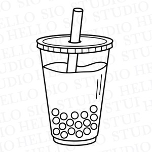 May include: A black and white line art illustration of a bubble tea cup with a lid and a straw. The cup features a liquid level line and a cluster of circular tapioca pearls at the bottom, rendered in a clean, minimalist graphic style.