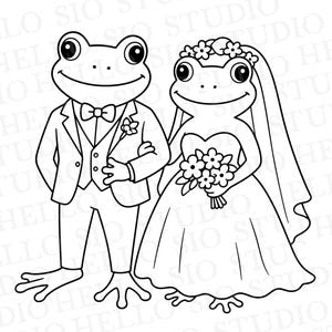 May include: A black and white line art illustration of two frogs dressed for a wedding. The frog on the left wears a tuxedo with a bow tie and a boutonniere. The frog on the right wears a strapless wedding gown, a floral headpiece, and a veil.