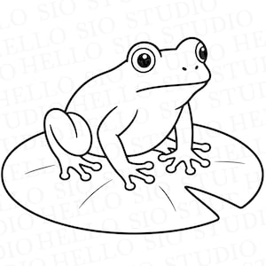 May include: A black and white line art illustration of a frog sitting on a lily pad. The frog is depicted in profile with large eyes and webbed feet. The lily pad is circular with a single notch cut out of the side. The background is white.