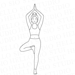 May include: A black and white line art illustration of a figure in a yoga tree pose. The figure has hair tied in a bun, wears a tank top and leggings, and stands on one leg with the other foot resting against the inner thigh, hands joined overhead.