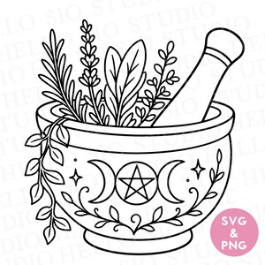May include: A black and white line art illustration of a mortar and pestle filled with sprigs of herbs. The mortar features a central pentagram symbol flanked by two crescent moons, surrounded by decorative vine motifs and small star accents.