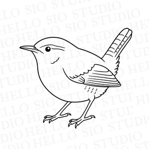 May include: A black and white line art illustration of a small bird with a short, upright tail, a rounded body, and a pointed beak. The bird is shown in profile facing left, featuring simple outlines and minimal feather detailing on the wings.