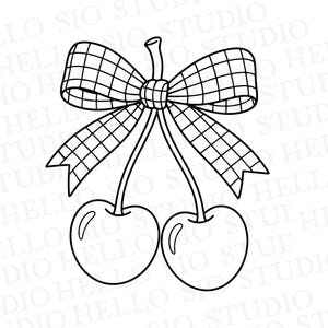 May include: A black and white line art illustration of two cherries hanging from a single stem, topped with a large, decorative bow featuring a grid-like checkered pattern. The design is clean, with bold outlines and simple shapes.