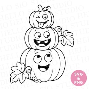 May include: A black and white line art illustration featuring a stack of three pumpkins with expressive faces. The top pumpkin winks and sticks out its tongue, the middle pumpkin has wide eyes and a toothy grin, and the bottom pumpkin looks upward.