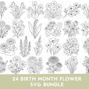 May include: A collection of 24 black and white line art illustrations of various flowers arranged in a grid. The text 24 BIRTH MONTH FLOWER SVG BUNDLE is printed in white on a light green rectangular banner at the bottom of the image.