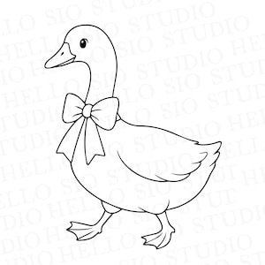 May include: A black and white line art illustration of a goose facing left, wearing a large bow tied around its neck. The drawing features clean, bold outlines against a plain background, with the text HELLO SIO STUDIO repeated in the background.