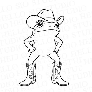 Könnte beinhalten: Eine schwarz-weiße Strichzeichnung eines Frosches, der mit den Händen in den Hüften steht. Der Frosch trägt einen Cowboyhut und ein Paar Cowboystiefel mit Flügeldetails. Im Hintergrund ist der wiederholte Text HELLO SIO STUDIO zu sehen.