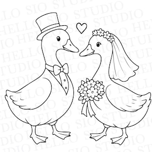 May include: A black and white line art illustration of two ducks dressed for a wedding. The left duck wears a top hat and bow tie. The right duck wears a floral crown, a veil, and holds a bouquet of flowers. A small heart is positioned between them.