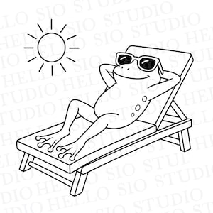 May include: A black and white line art illustration of a frog wearing sunglasses, reclining on a lounge chair with its hands behind its head. A sun icon with radiating lines is positioned in the upper left corner above the frog.