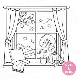 May include: A black and white line art illustration of a window view featuring autumn scenery with falling leaves, a tree, and a fence. On the windowsill sits a pillow, a fringed blanket, a steaming mug, and a pumpkin. A pink circle says SVG & PNG.