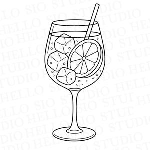 May include: A black and white line art illustration of a stemmed cocktail glass filled with liquid, three square ice cubes, and a circular citrus slice. A thin straw extends from the top of the glass. The background features repeating text.