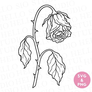 Peut inclure: Une illustration en noir et blanc au trait représentant une rose unique penchée avec une tige épineuse et deux feuilles. Le motif présente une tête de fleur fanée et une tige courbée. Un petit cercle rose en bas à droite contient le texte SVG & PNG.