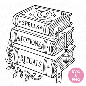 May include: A black and white line art illustration of a stack of three books. The top book is labeled SPELLS, the middle POTIONS, and the bottom RITUALS. The top cover features a crescent moon and stars. A leafy vine and a crystal pendant hang down.