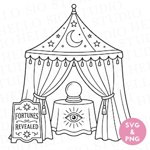 May include: A black and white line art illustration of a fortune teller tent featuring a crescent moon and stars on the roof. Inside, a crystal ball sits on a table with an eye graphic. A sign in the foreground reads FORTUNES REVEALED.