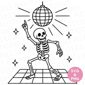 Disco Dancing Skeleton SVG | Halloween Line Art Illustration PNG | Skeleton Disco Ball Vector Clipart