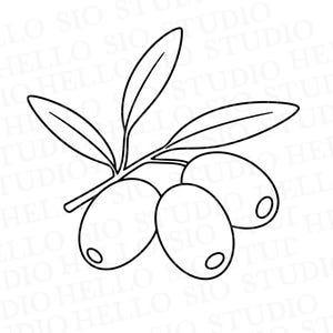 May include: A black and white line art illustration of an olive branch featuring three oval-shaped olives and two pointed leaves. The design is clean and simple, with the text HELLO SIO STUDIO repeated faintly in the background across the image.