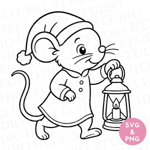 May include: A black and white line art illustration of a mouse wearing a nightcap and a buttoned nightgown, holding a lit lantern. The mouse has a long tail and whiskers. A pink circular badge in the corner contains the text SVG & PNG.
