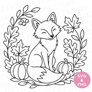 May include: A black and white line art illustration of a fox sitting in the centre of a circular wreath made of oak leaves, berries, and maple leaves, flanked by two pumpkins. A pink circular badge in the corner contains the text SVG & PNG.