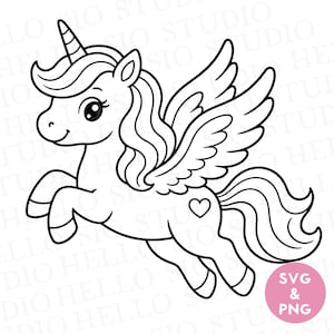 Peut inclure: Une illustration en noir et blanc au trait représentant une licorne ailée en position de vol. La licorne présente une corne en spirale, une crinière fluide, de grands yeux et un petit cœur sur le flanc. Un cercle rose contient le texte SVG & PNG.