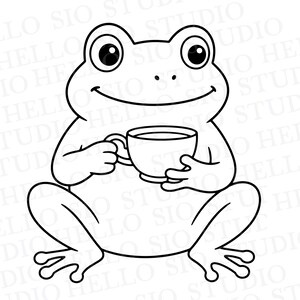 May include: A black and white line art illustration of a seated frog holding a small teacup with both hands. The frog has large round eyes, a simple curved mouth, and webbed feet. The background features a repeating watermark text pattern.