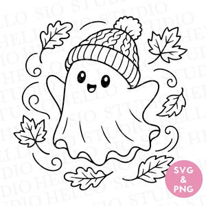 May include: A black and white line art illustration of a cheerful ghost wearing a knit beanie with a pom-pom, surrounded by swirling autumn leaves. A pink circular badge in the bottom right corner contains the white text SVG & PNG.
