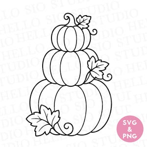 Può includere: Un'illustrazione in bianco e nero a linee di una pila di tre zucche. Il disegno presenta una zucca piccola in cima, una media al centro e una grande alla base, decorate con foglie e viticci. Un cerchio rosa contiene il testo SVG & PNG.