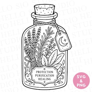 May include: A black and white line art illustration of a glass bottle with a cork stopper. Inside are sprigs of lavender and herbs. A tag with a crescent moon hangs from the neck. A label on the front reads PROTECTION PURIFICATION HEALING.