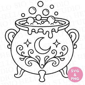 May include: A black and white line art illustration of a three-legged cauldron with two handles. The cauldron features a crescent moon and star design with swirling patterns. Bubbles rise from the top, and a pink circle contains the text SVG & PNG.