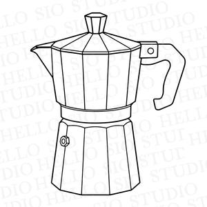 以下が含まれることがあります： クラシックな直火式モカポットコーヒーメーカーの白黒線画イラスト。ファセット加工された八角形の本体、ノブ付きのヒンジ式蓋、サイドハンドル、注ぎ口が特徴です。背景には「HELLO SIO STUDIO」というテキストが繰り返されています。