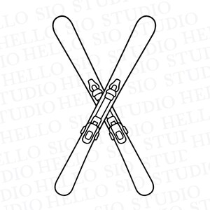 May include: A black and white line art illustration of two skis crossed in an X shape. Each ski features a central binding mechanism with detailed contours. The design is presented as a clean, minimalist graphic on a plain white background.